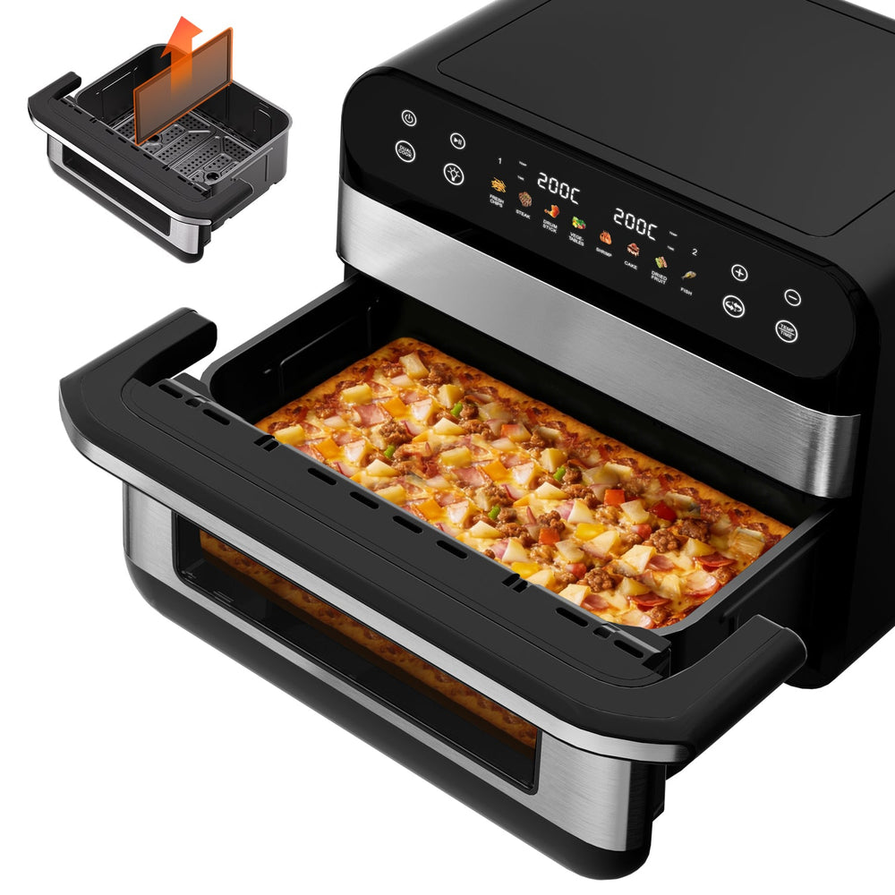 Heißluftfritteuse Dual Zone Heißluftfritteuse, 10L Airfryer mit herausnehmbarem Trenner, 2 Gestelle, Heißluftfritteuse 2 kammern, 8 Kochfunktionen