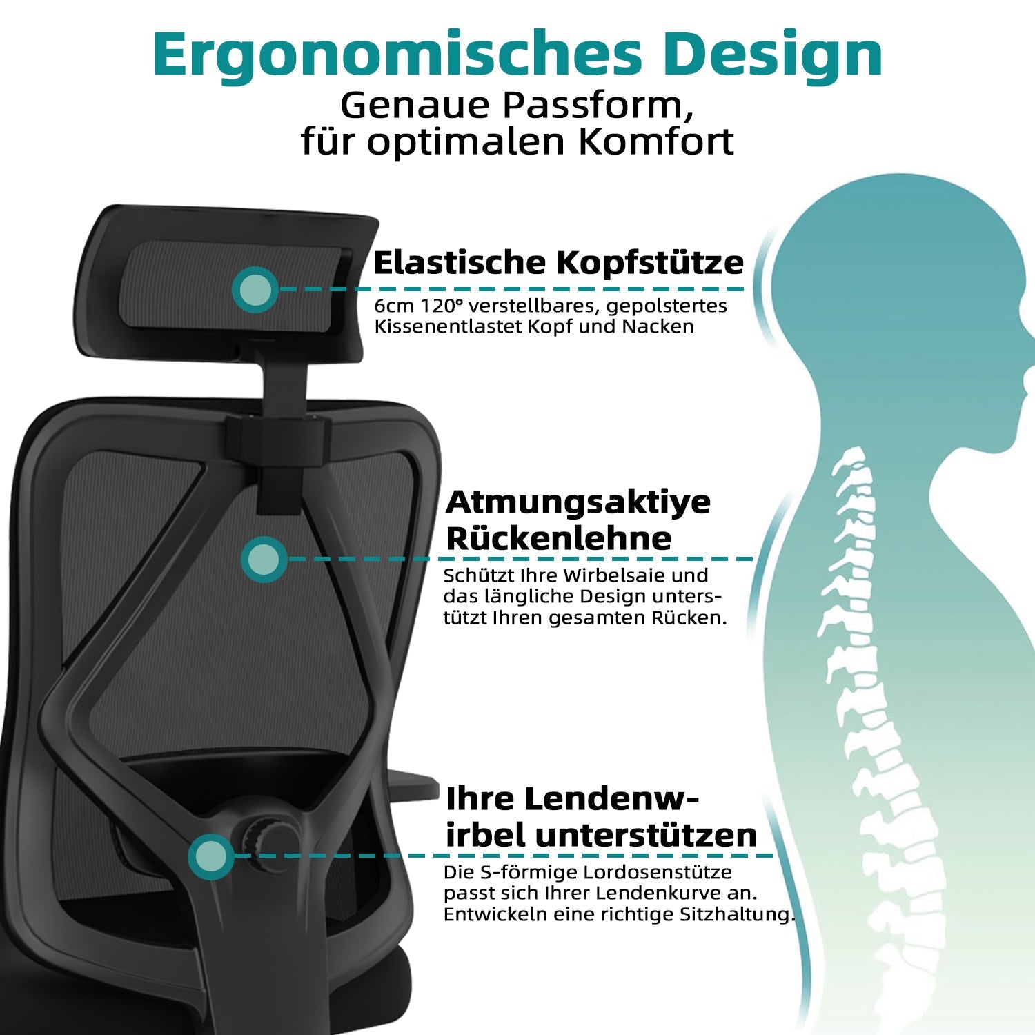 Bürostuhl Bürostuhl ergonomisch, Schreibtischstuhl 3D Memory-Schaum Lendenstütze