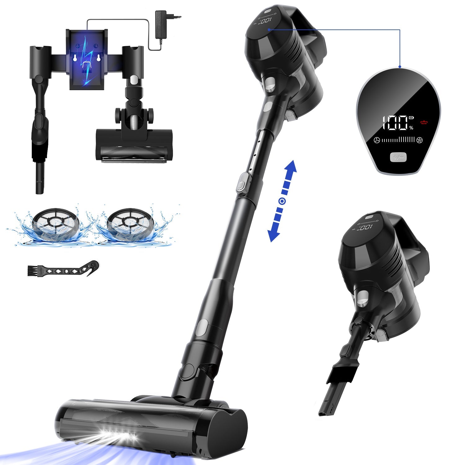 Akku-Hand-und Stielstaubsauger mit Smart LED-Anzeige, 30000Pa/50min, Staubsauger kabellos mit 6-Schicht-Filtration und 8-Kegel-Zyklon