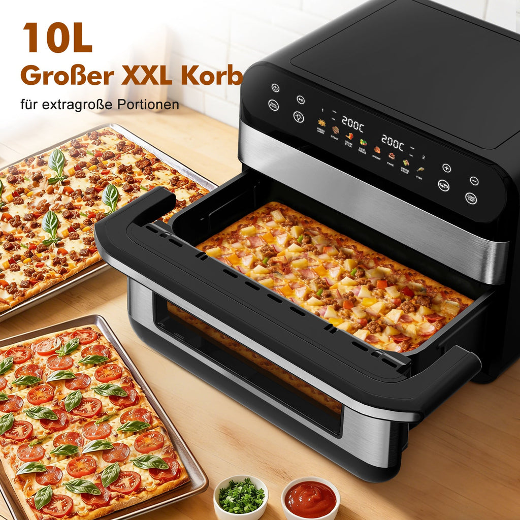Heißluftfritteuse Dual Zone Heißluftfritteuse, 10L Airfryer mit herausnehmbarem Trenner, 2 Gestelle, Heißluftfritteuse 2 kammern, 8 Kochfunktionen