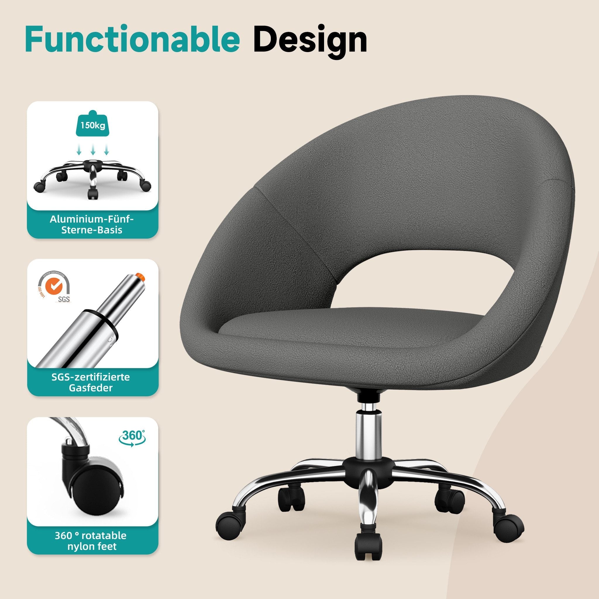 Bürostuhl Schminkstuhl,Homeoffice Stuhl mit Armlehnen,Drehstuhl mit Rrollen