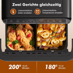 Heißluftfritteuse Dual Zone Heißluftfritteuse, 10L Airfryer mit herausnehmbarem Trenner, 2 Gestelle, Heißluftfritteuse 2 kammern, 8 Kochfunktionen