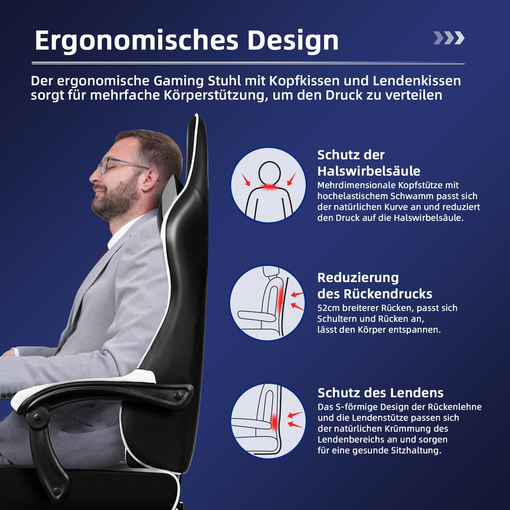 Gaming-Stuhl Gaming Stuhl, Bürostuhl Ergonomisch Wippfunktion bis zu 170°