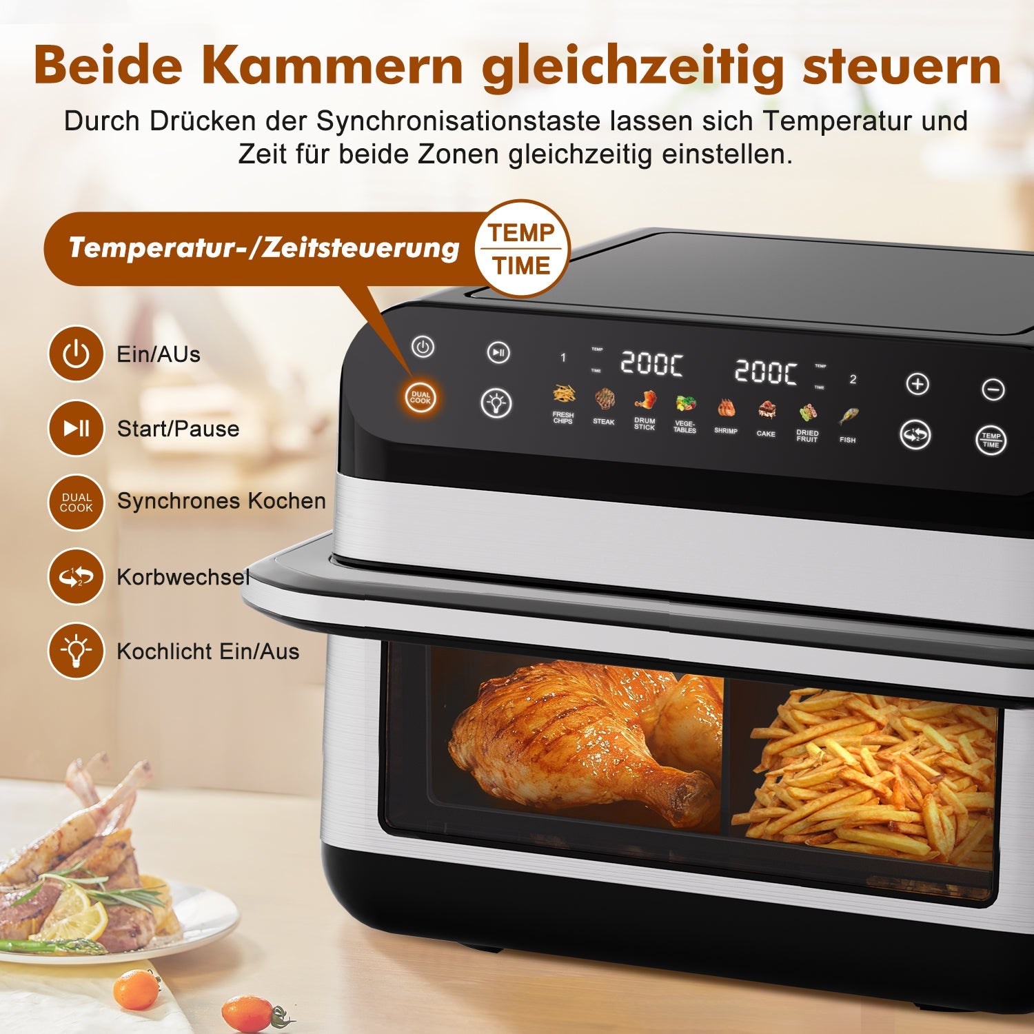 Heißluftfritteuse Dual Zone Heißluftfritteuse, 10L Airfryer mit herausnehmbarem Trenner, 2 Gestelle, Heißluftfritteuse 2 kammern, 8 Kochfunktionen