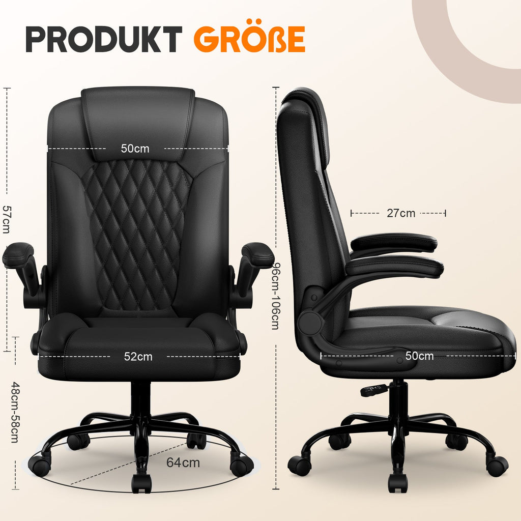 Chaise de bureau ergonomique, en cuir synthétique, accoudoirs rabattables à 90°