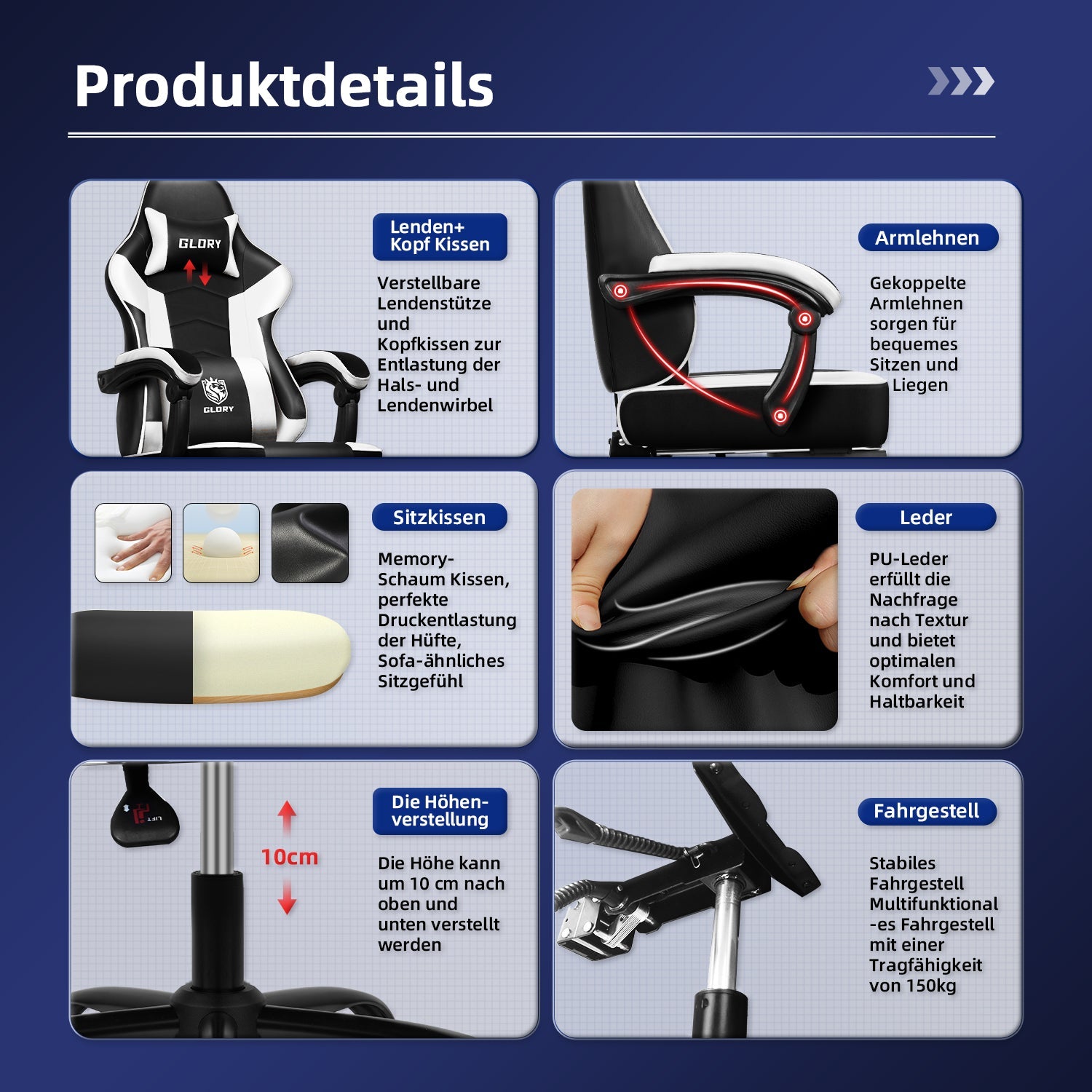 Gaming-Stuhl Gaming Stuhl, Bürostuhl Ergonomisch Wippfunktion bis zu 170°