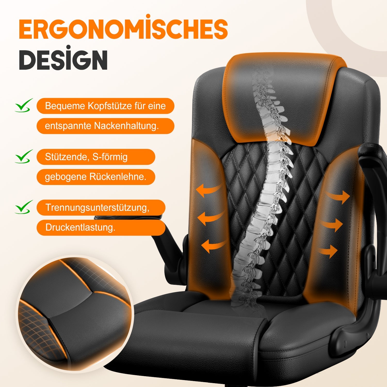 Chaise de bureau ergonomique, en cuir synthétique, accoudoirs rabattables à 90°