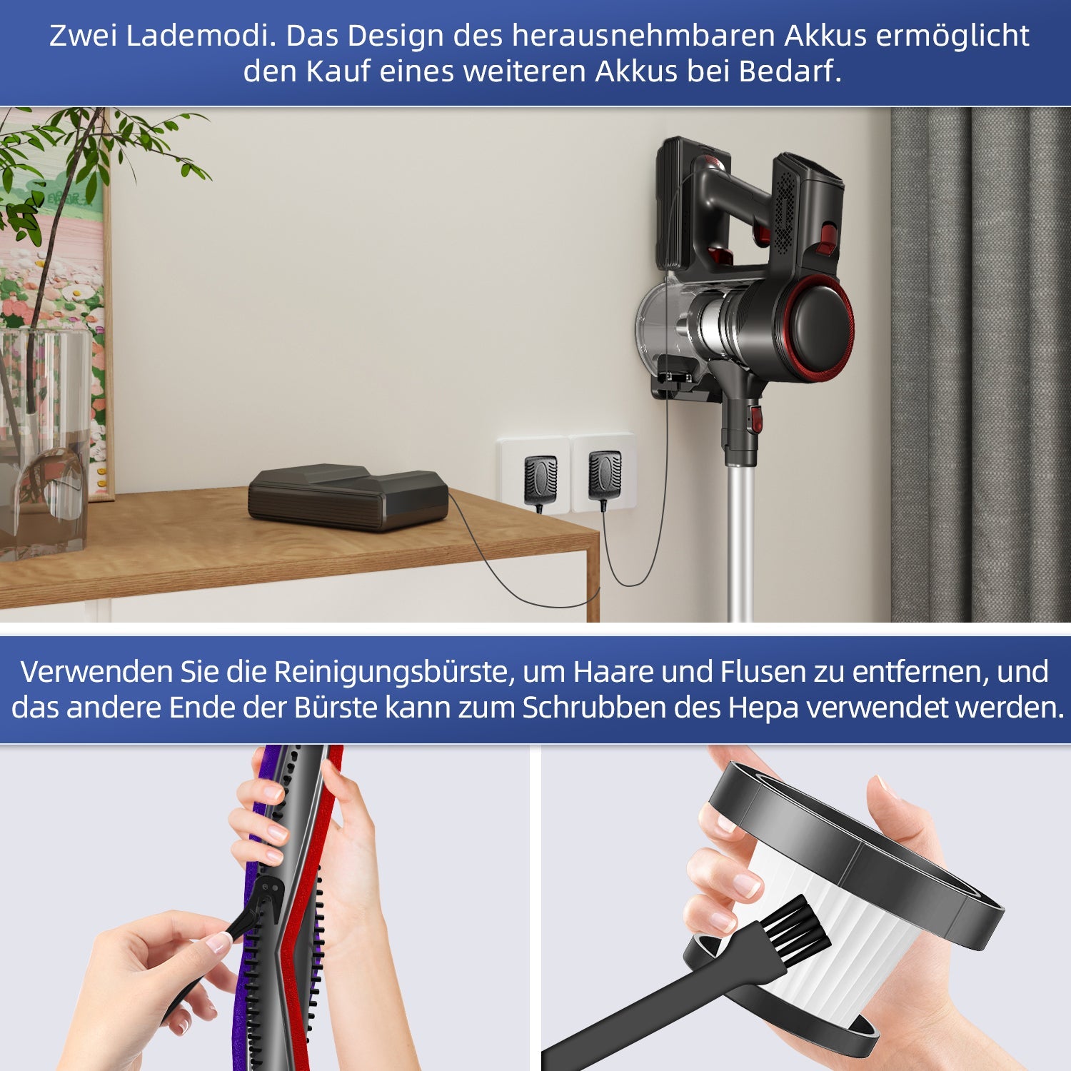 Akku-Hand-und Stielstaubsauger Akku Staubsauger, 55000Pa Kabelloser Staubsauger,Akku-Stielstaubsauger