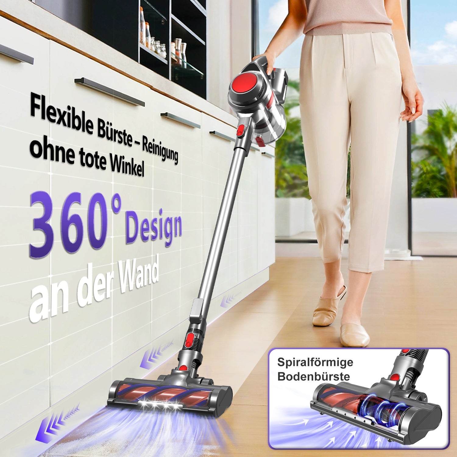 Akku-Hand-und Stielstaubsauger Akku Staubsauger, Staubsauger Kabellos 37000Pa/50Min/1.6L mit 4 HEPA