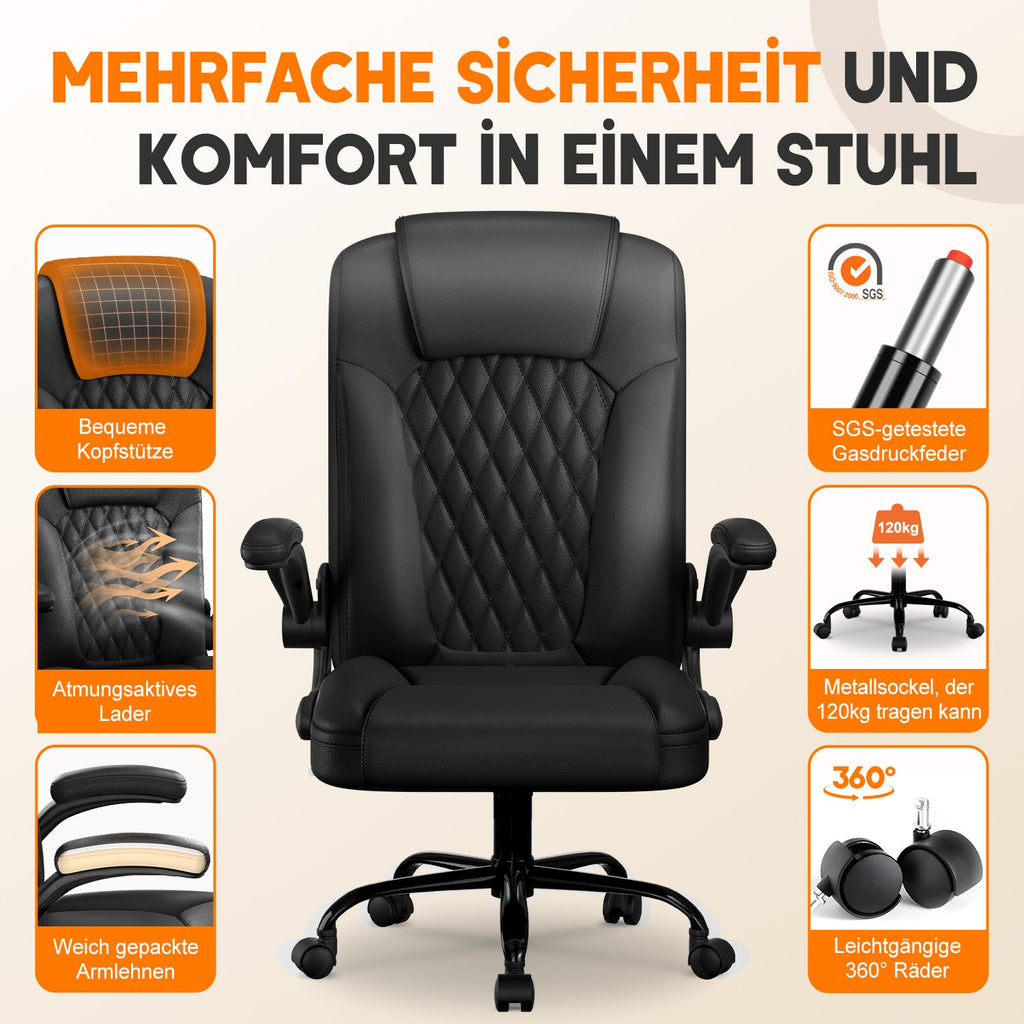 Chaise de bureau ergonomique, en cuir synthétique, accoudoirs rabattables à 90°