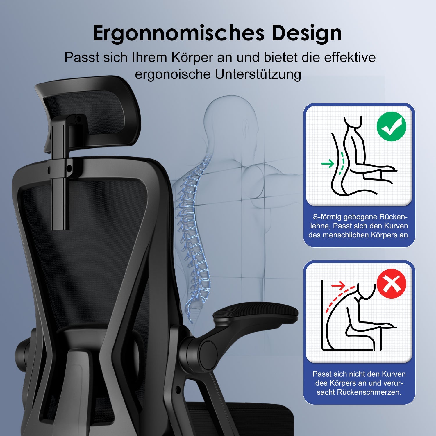 Bürostuhl Ergonomischer Bürostuhl mit klappbaren Armlehnen und Rückenlehnen