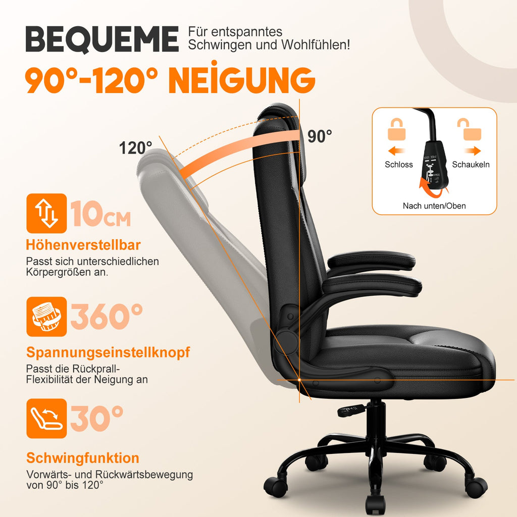 Chaise de bureau ergonomique, en cuir synthétique, accoudoirs rabattables à 90°