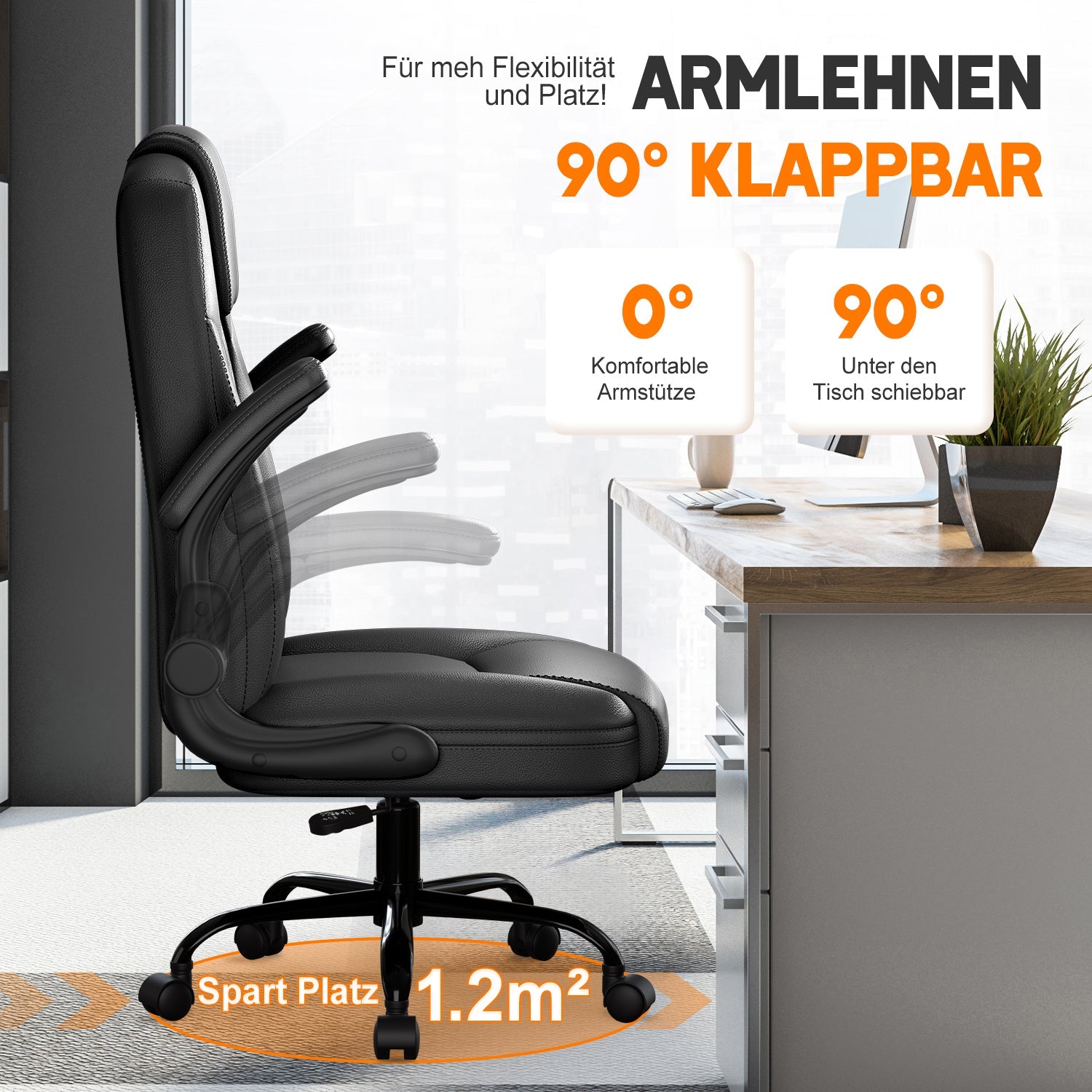 Chaise de bureau ergonomique, en cuir synthétique, accoudoirs rabattables à 90°