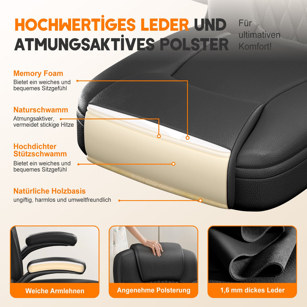 Chaise de bureau ergonomique, en cuir synthétique, accoudoirs rabattables à 90°