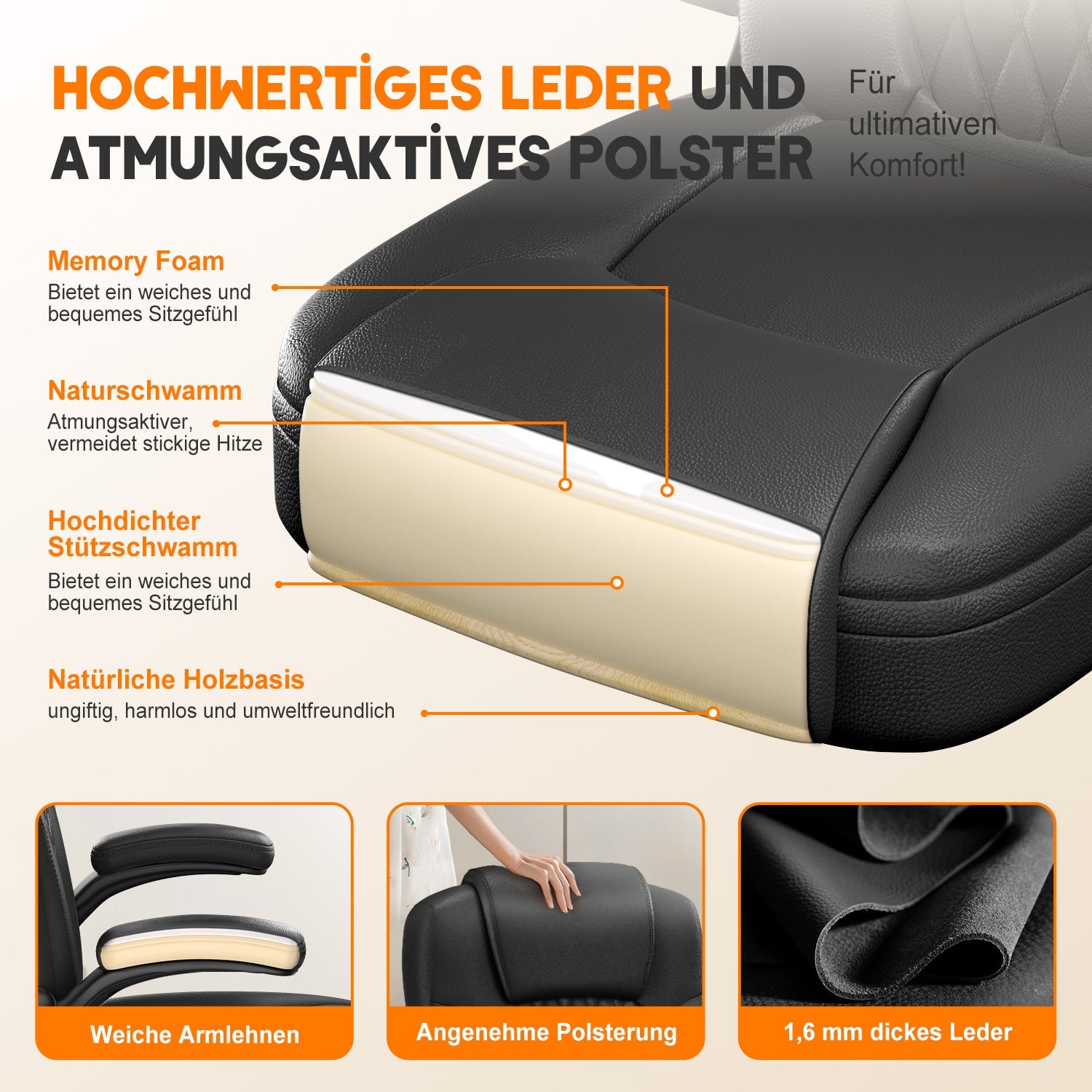 Chaise de bureau ergonomique, en cuir synthétique, accoudoirs rabattables à 90°