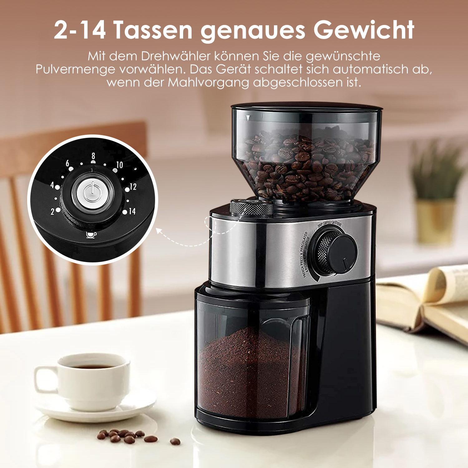 MD01 - Mahlgrad einstellbar von grob bis fein, 2-12 Portionen, Füllmenge Bohnenbehälter 250g 5 MD01 1