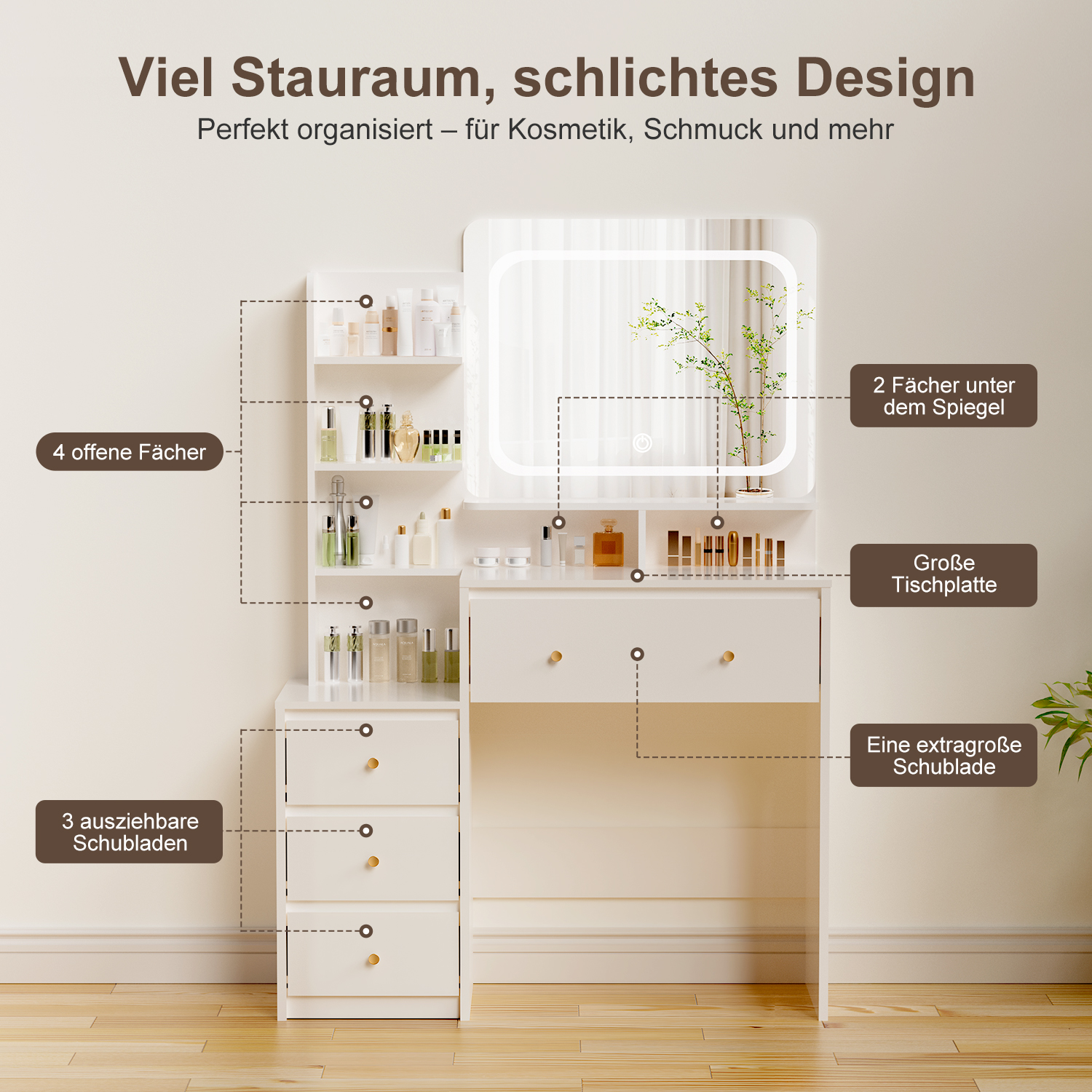 YN369 - Schminktisch mit LED-Beleuchtung, Spiegel, Schubladen, offenen Fächern 5 YN369 1