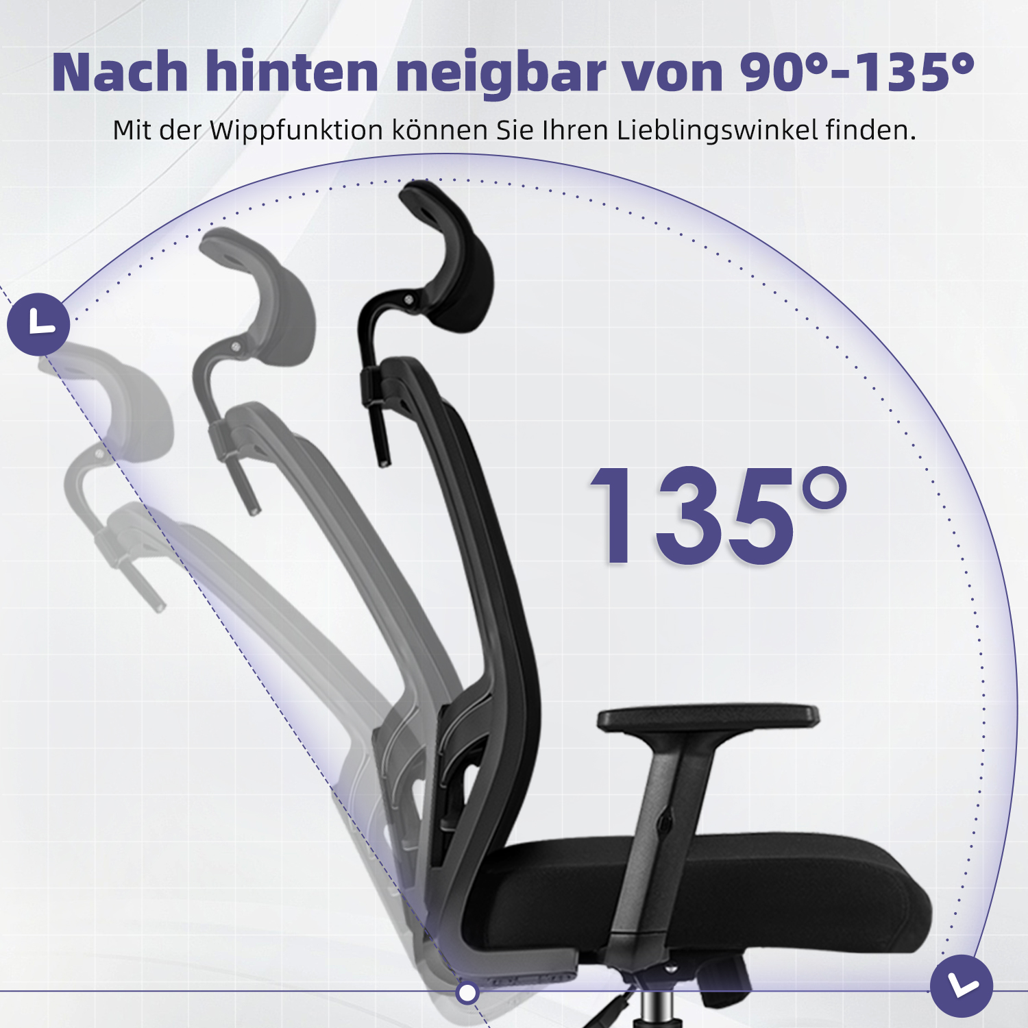 C12 - Schreibtischstuhl mit Verstellbarer Kopfstütze, Armlehnen, Lendenwirbelstütze, Drehstuhl Wippfunktion, Chefsessel aus Mesh,Rückenschonend, Bürostuhl 150kg 6 c12 2