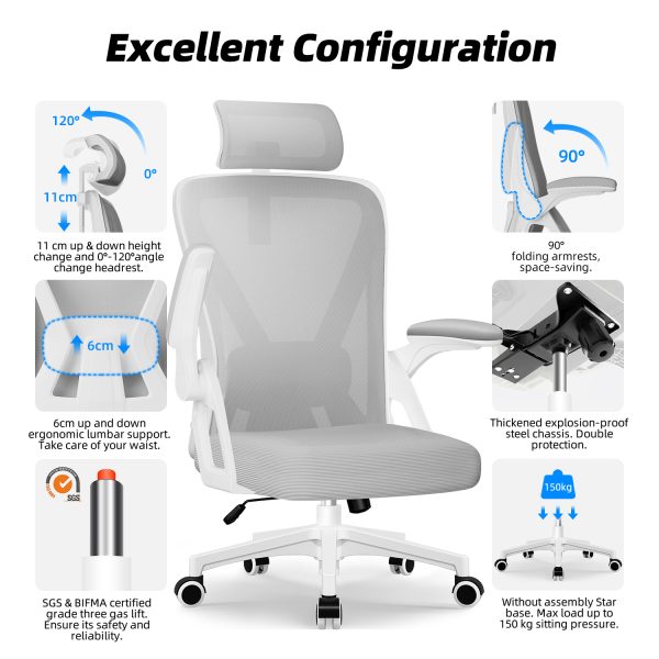 HR220 - Bürostuhl Ergonomischer Bürostuhl, Schreibtischstuhl mit Klappbaren Armlehnen – Bild 2