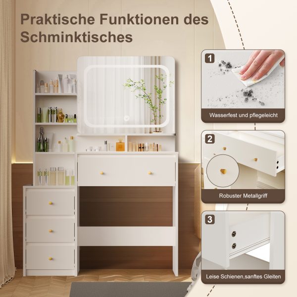 YN369 - Schminktisch mit LED-Beleuchtung, Spiegel, Schubladen, offenen Fächern – Bild 3