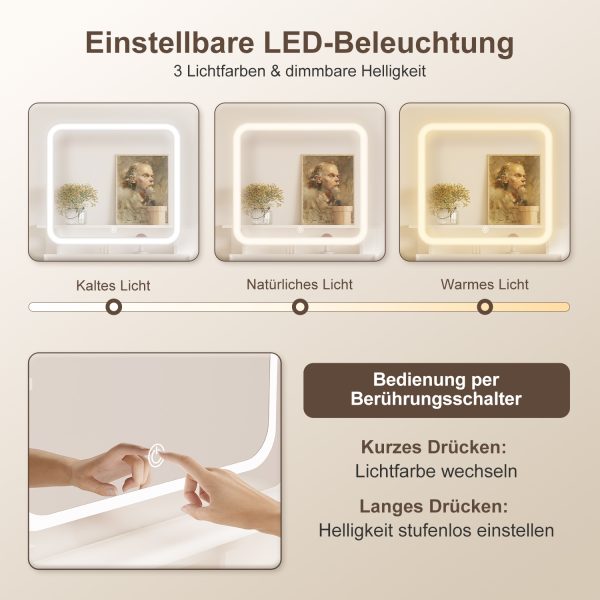 YN369 - Schminktisch mit LED-Beleuchtung, Spiegel, Schubladen, offenen Fächern – Bild 4