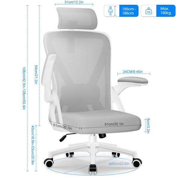 HR220 - Bürostuhl Ergonomischer Bürostuhl, Schreibtischstuhl mit Klappbaren Armlehnen – Bild 4