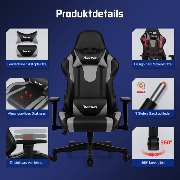 BY038 - Gaming Stuhl, Bürostuhl Ergonomisch mit verstellbare Lendenkissen – Bild 3