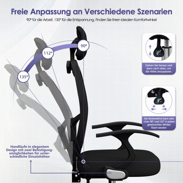 C12 - Schreibtischstuhl mit Verstellbarer Kopfstütze, Armlehnen, Lendenwirbelstütze, Drehstuhl Wippfunktion, Chefsessel aus Mesh,Rückenschonend, Bürostuhl 150kg – Bild 4